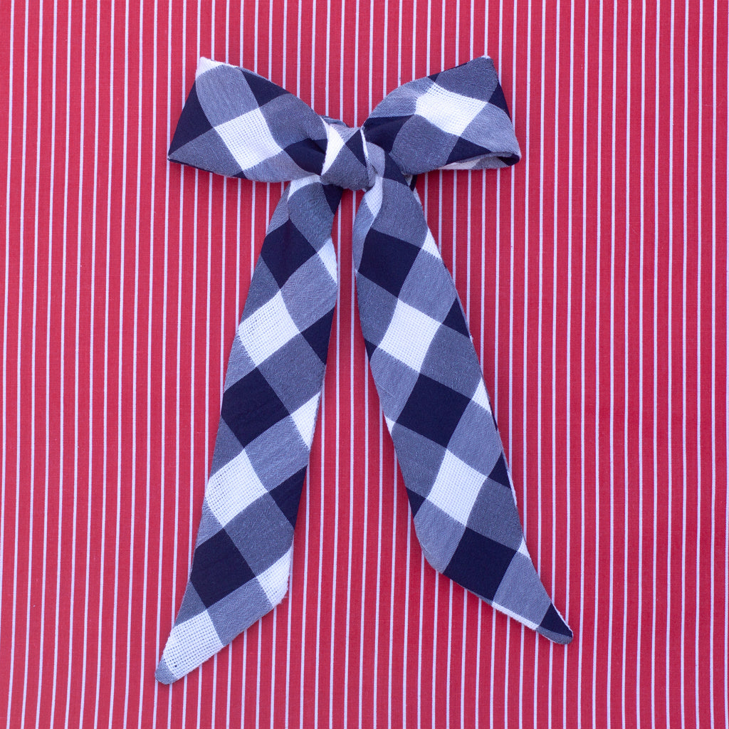 Navy gingham secretary bow