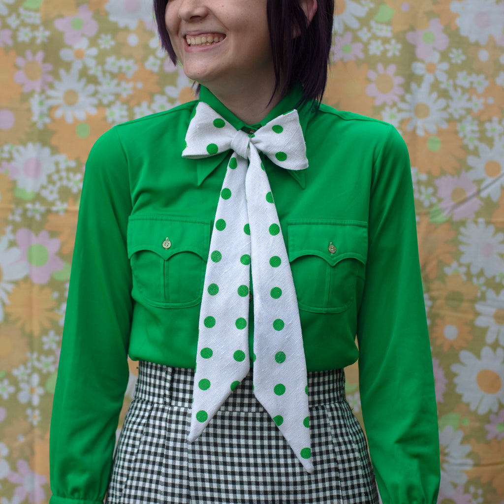 alma mater green & white polka dot bow tie