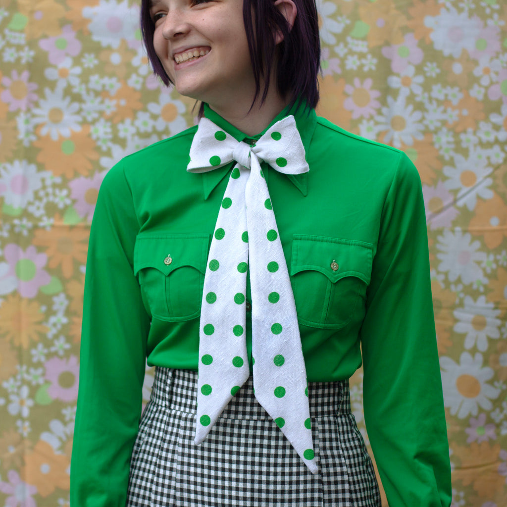 alma mater green & white polka dot bow tie