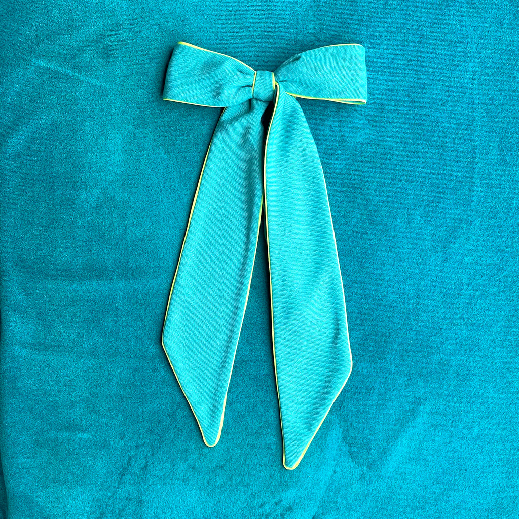 tealy-lineny-lime-edged bow tie
