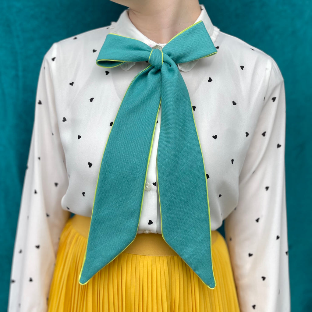 tealy-lineny-lime-edged bow tie