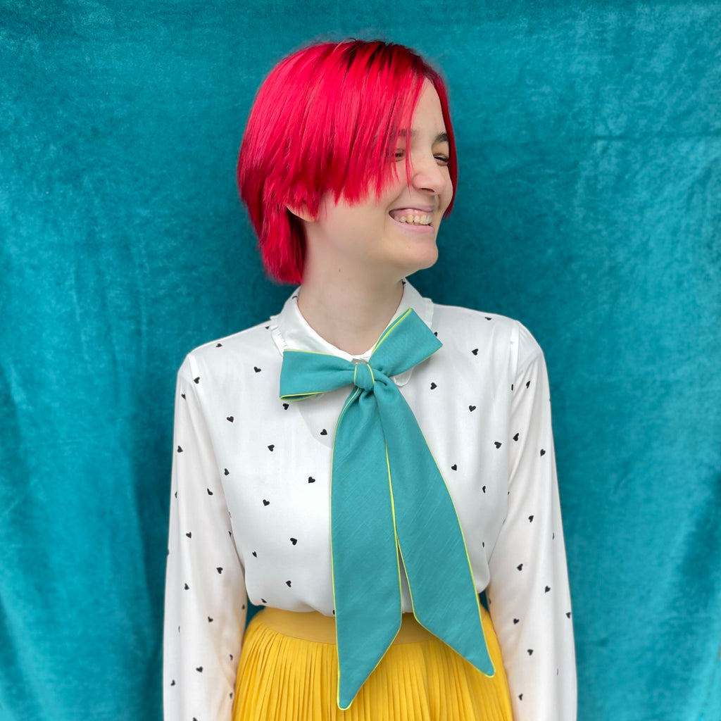 tealy-lineny-lime-edged bow tie