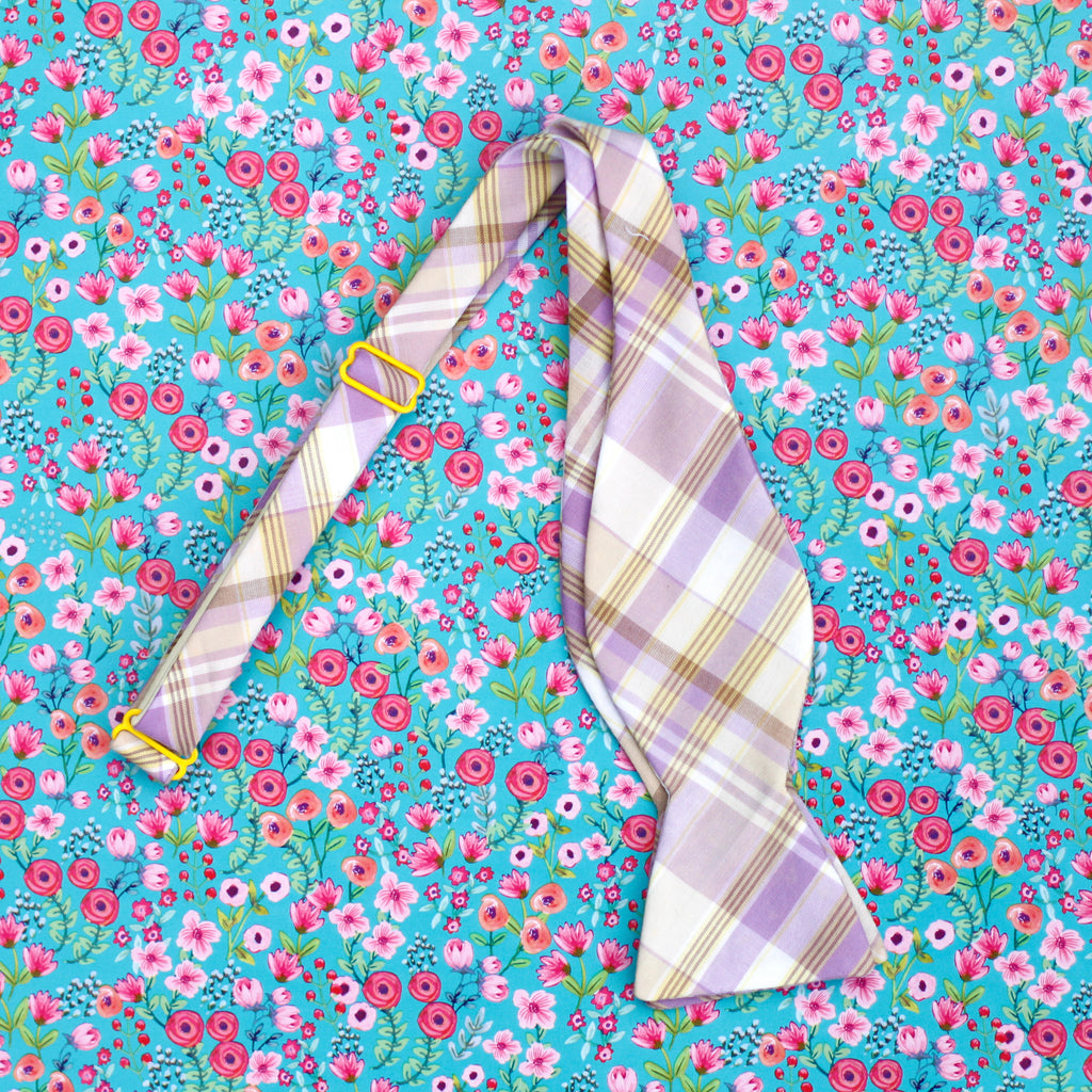 lilac & gold plaid bow tie