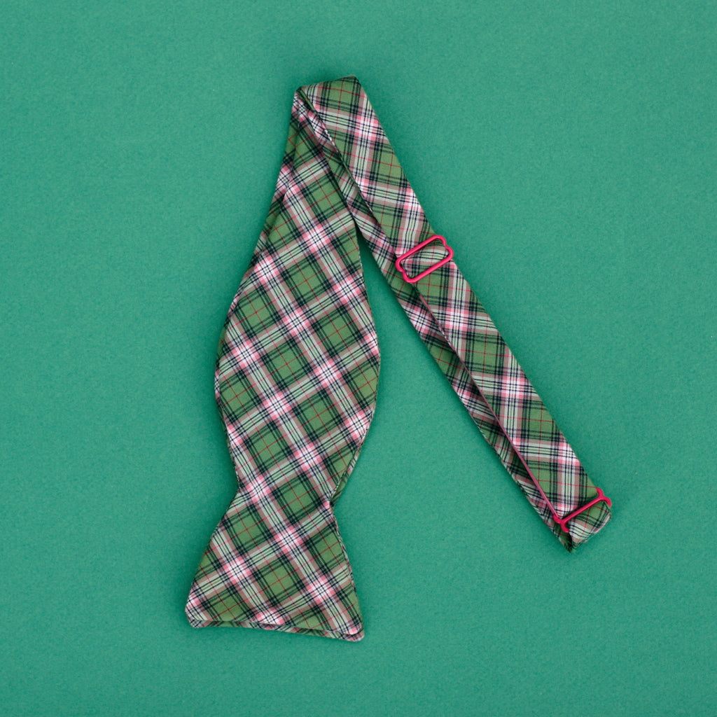 olive green & salmon plaid bow tie