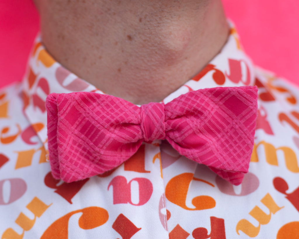 monochromatic magenta plaid bow tie